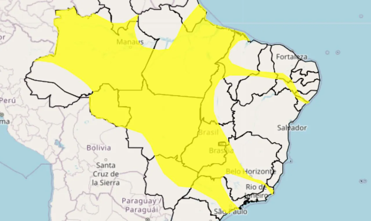 o mapa mostra as &aacute;reas em alerta para chuva, temporais e transtornos nessas &aacute;reas